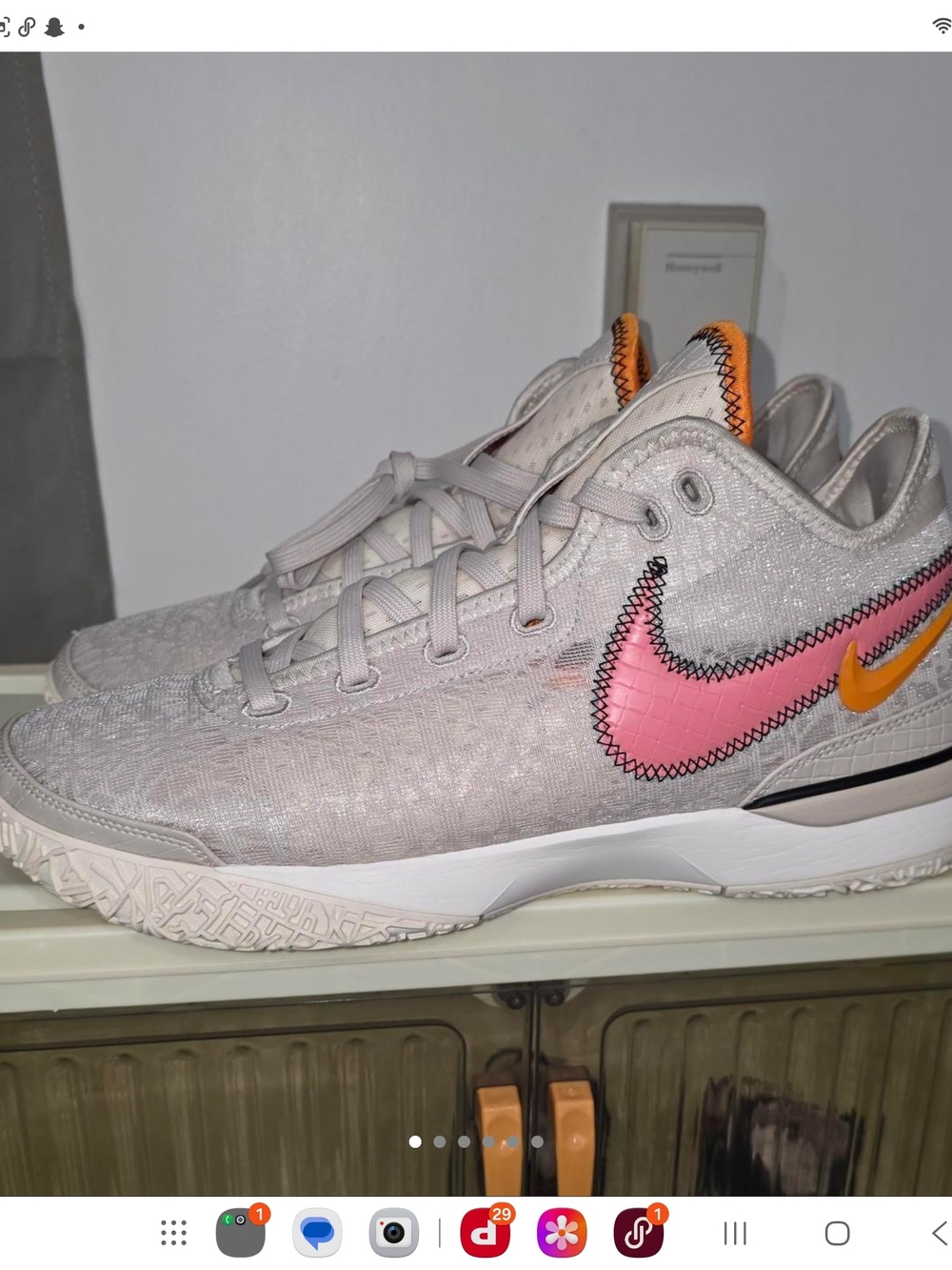 Nike Men’s Light Gray Athletic Sneakers with Pink & Orange Swooshes